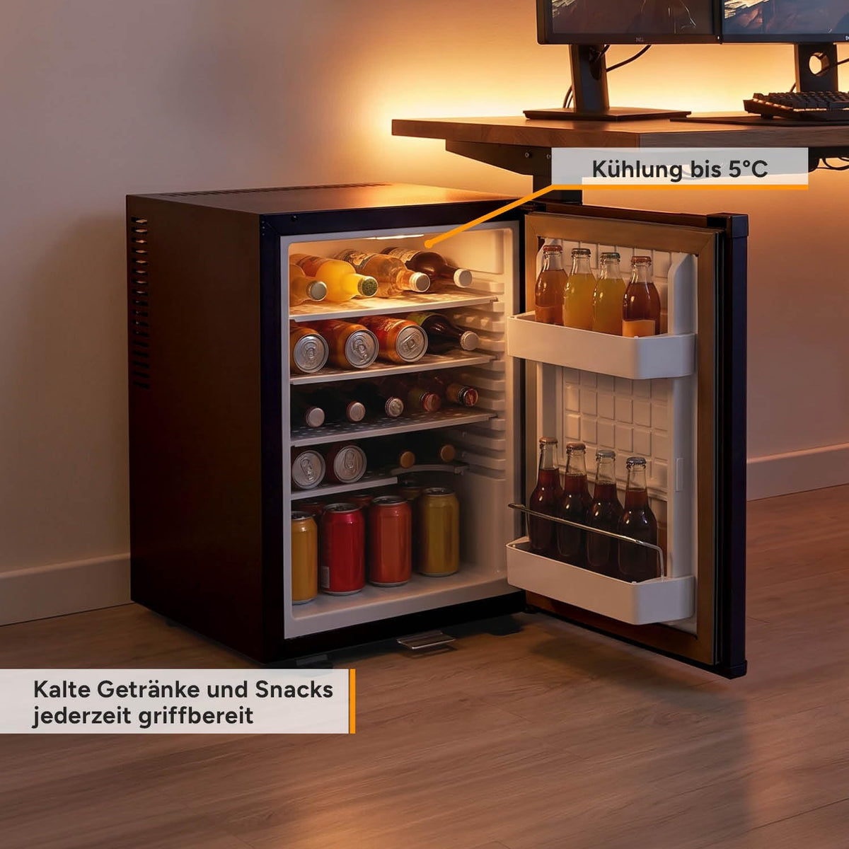 Mini Kühlschrank 40L kompakt abschließbar wechselbarer Türanschlag Innenbeleuchtung freistehend FA-5172 schwarz