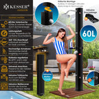 Solardusche 60 L für Garten und Pool mit 60 °C Wassertemperatur 62 Düsen 360° Regenduschkopf Wasserhahn Ablage und Schutzhaube