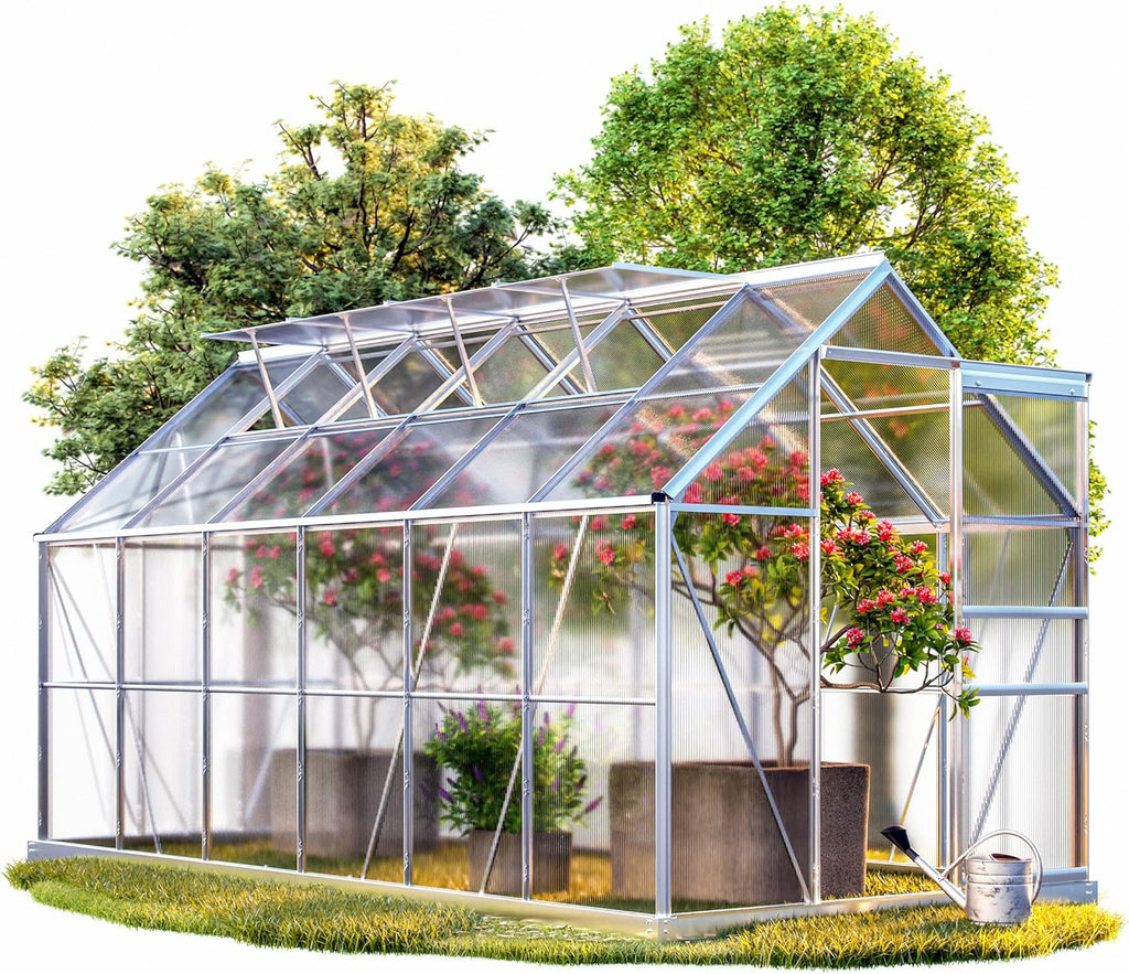 Aluminium Gewächshaus 7,2m² 380x190cm Treibhaus Polycarbonat 4mm 4 Dachfenster mit Fundament