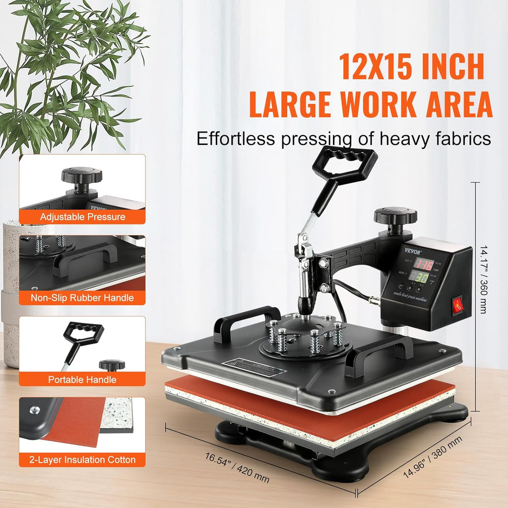 Hitzepresse Transferpresse 38x30cm 8-in-1 1250W 360 Grad Schwenkarm Digital Temperatur- und Zeitsteuerung Sublimation