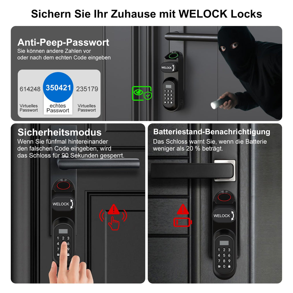 Türschloss mit Fingerabdruck und PIN U81 6-in-1 App RFID Bluetooth WLAN für EU-Profiltüren 50-90 mm