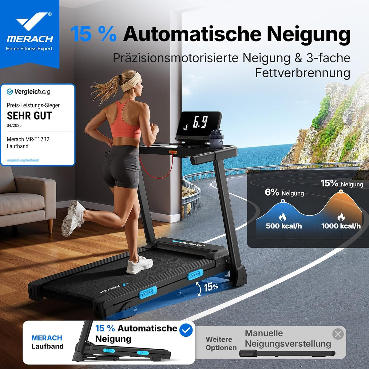 Laufband klappbar mit Steigung MR-T12B2 0–15% Neigung 0.8–12 km/h 136 kg Tragkraft 42×108 cm Lauffläche App Steuerung