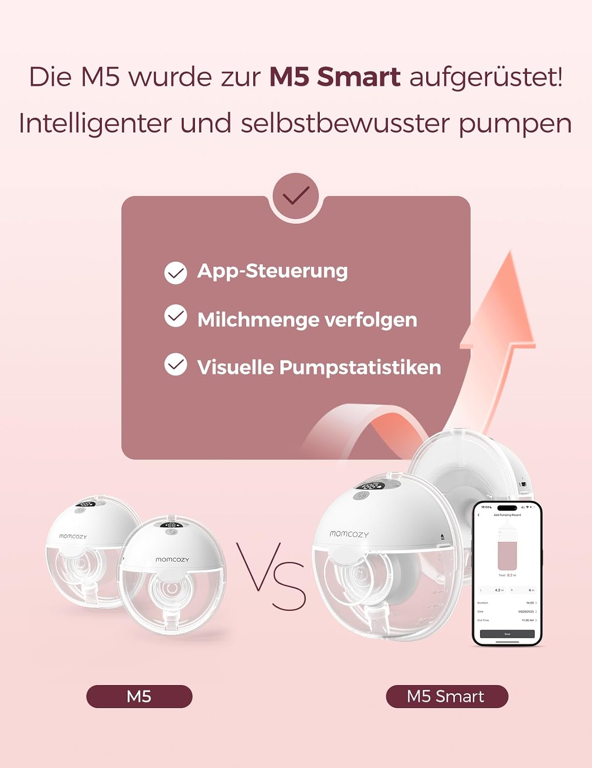 Milchpumpe elektrisch handsfree Doppelbrust tragbar M5 Smart App Steuerung 3 Modi 9 Stufen 2er Set Grau