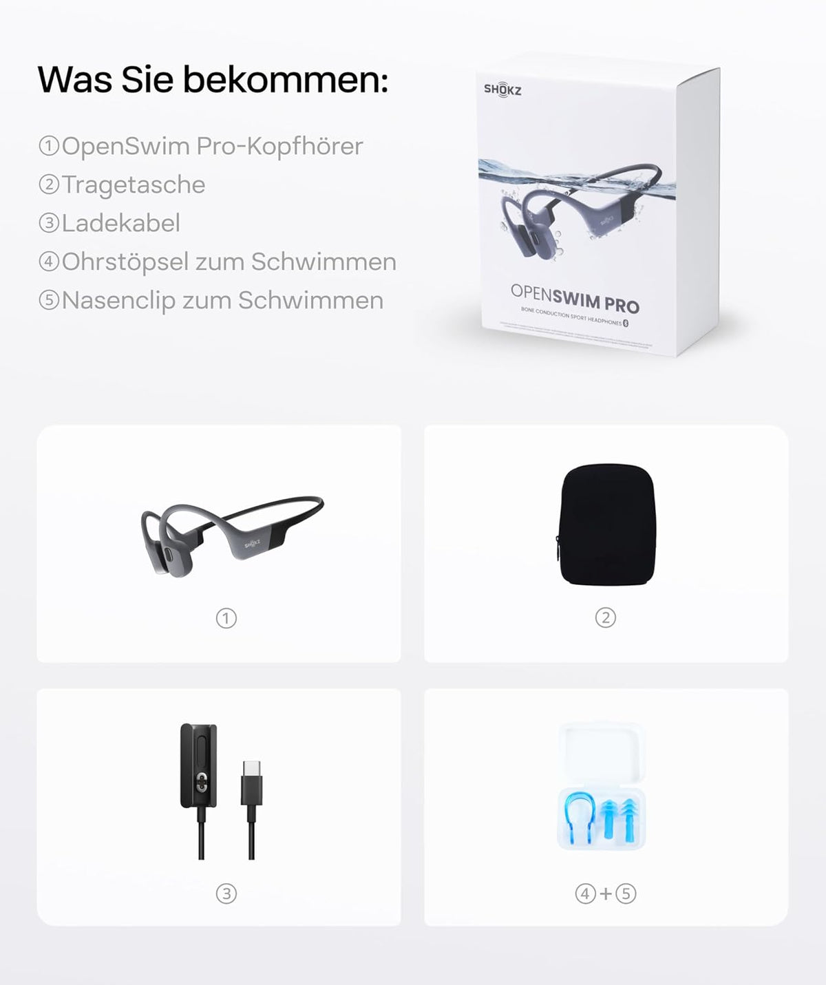 Knochenschall Schwimm Kopfhörer OpenSwim Pro S711 IP68 32GB MP3 Bluetooth 5.4 9h Kabelloses Laden Grau