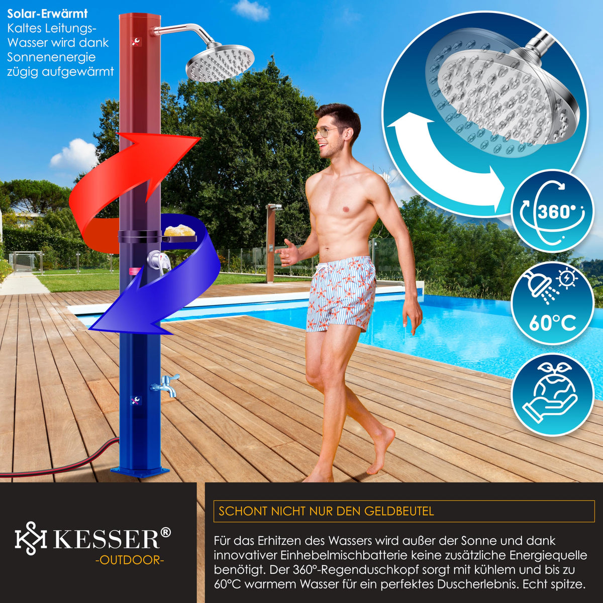 Solardusche 60 L für Garten und Pool mit 60 °C Wassertemperatur 62 Düsen 360° Regenduschkopf Wasserhahn Ablage und Schutzhaube