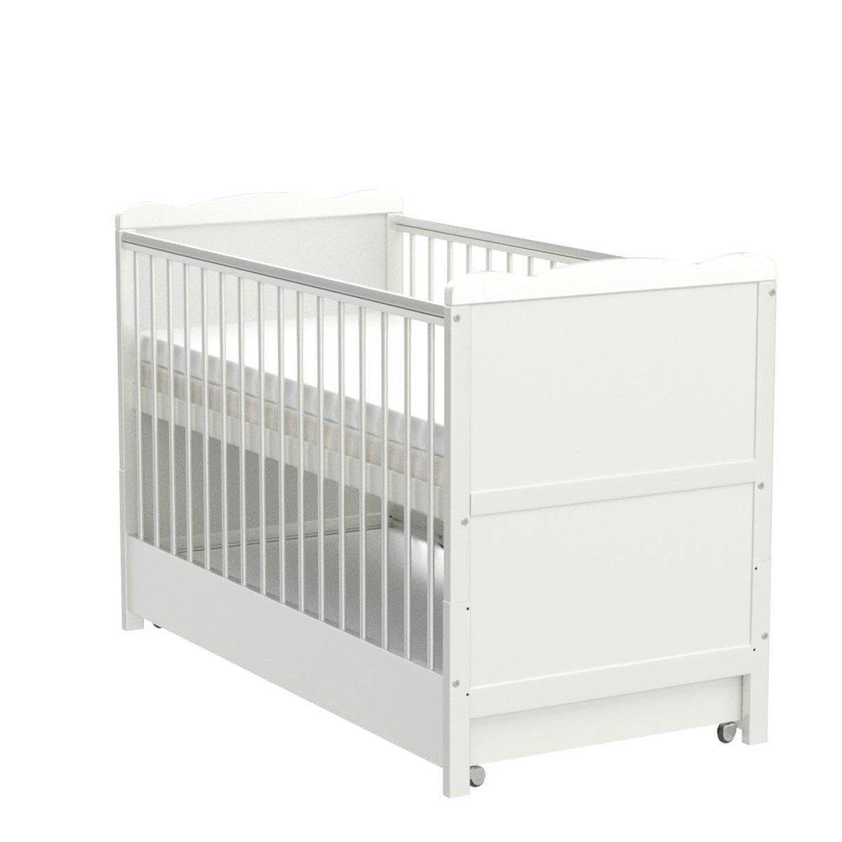 Baby Gitterbett mit Schublade 3-fach höhenverstellbar 6 cm Aloe Vera Matratze Zahnschienen umbaubar zum Juniorbett 120 x 60 cm Weiß