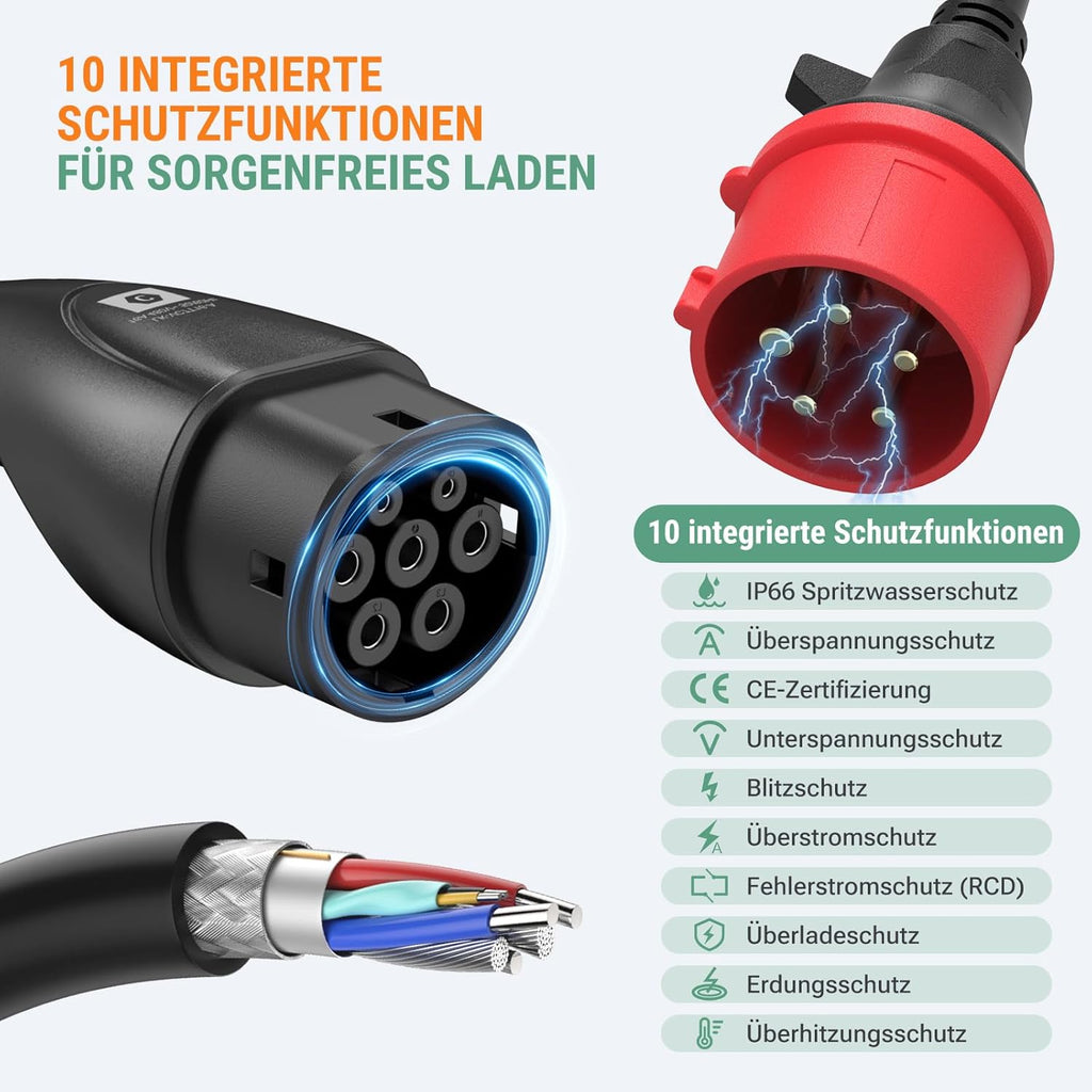 Mobile Wallbox EV Ladegerät 11kW 400V Typ 2 7,6m Kabel 8-16A CEE 3-phasig IP66 App Steuerung Modell