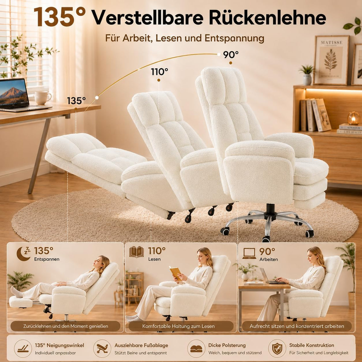 Bürostuhl mit Fußstütze verstellbare Rückenlehne 135° breiter Sitz Teddy-Stoff Drehstuhl für Home Office Lesen Entspannen