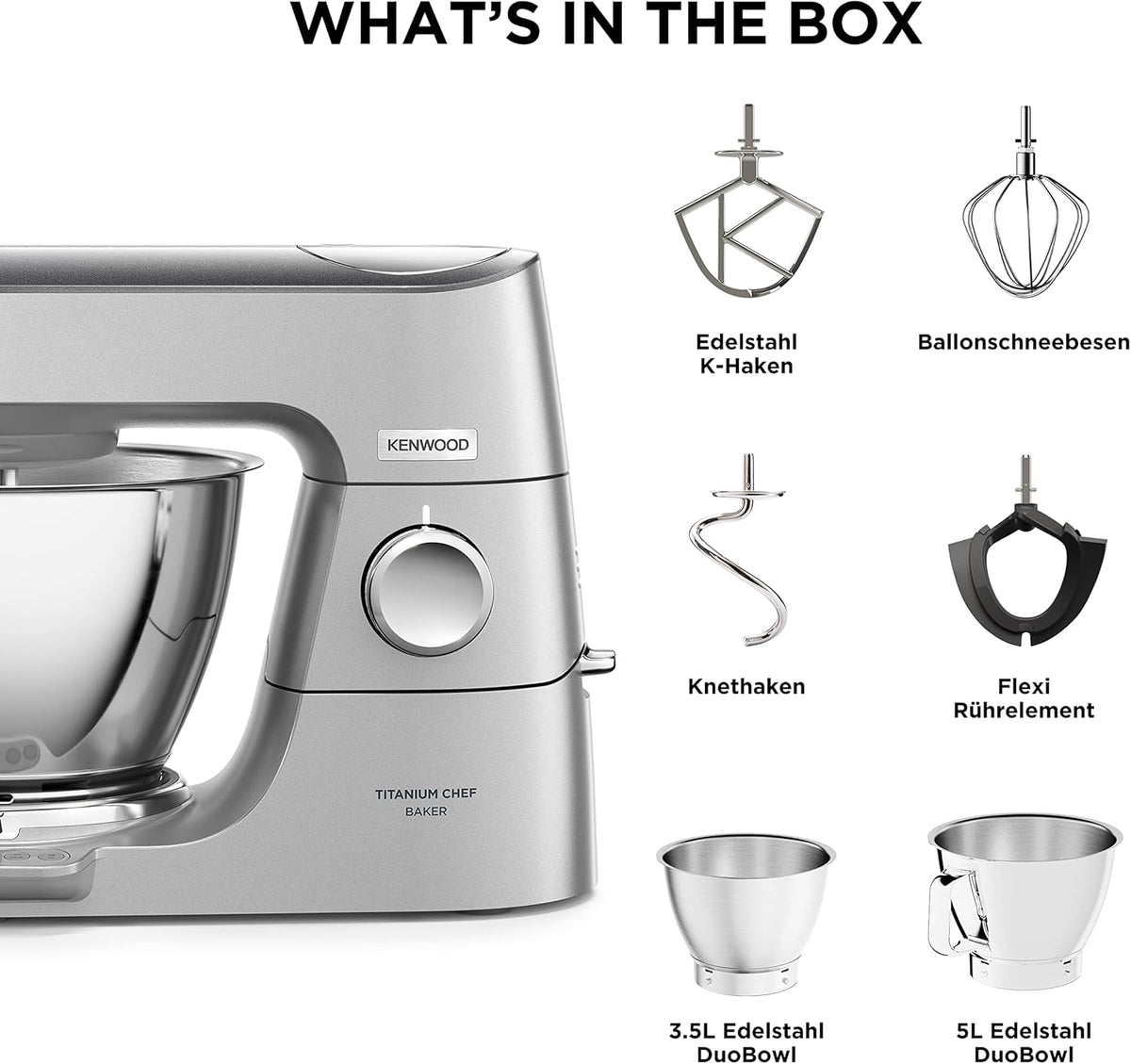 Küchenmaschine Titanium Chef Baker KVC85.004SI mit integrierter Waage 1200W 5L und 3,5L Schüsseln Patisserie-Set
