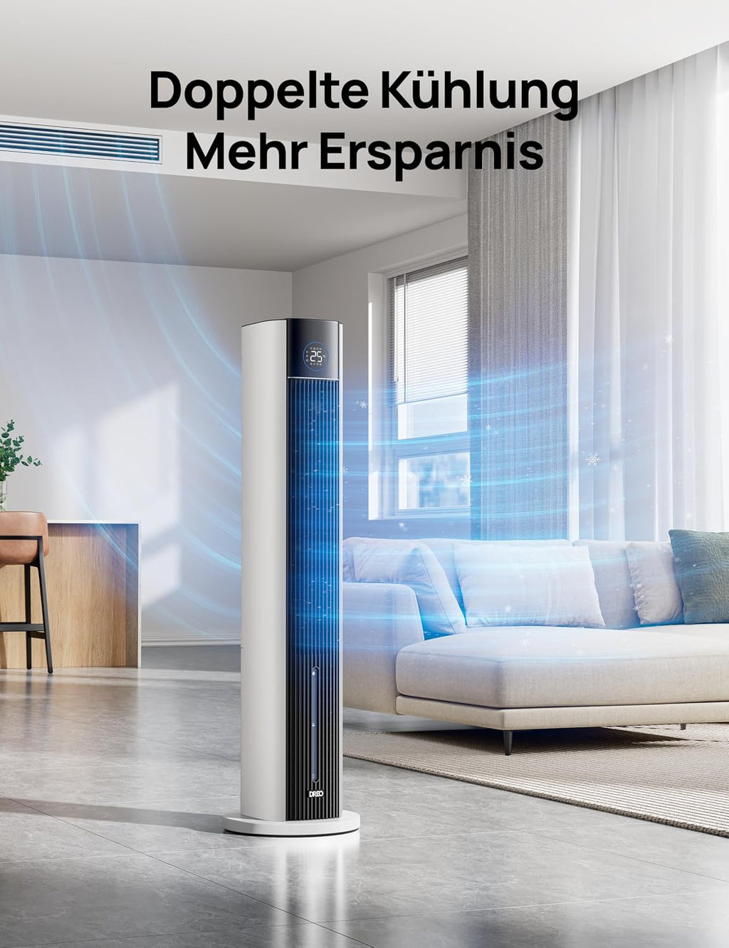 Turmventilator Verdunstungskühler 110 cm 4 Geschwindigkeiten 4 Modi App Steuerung 80° Oszillation 12h Timer DR-HEC002S