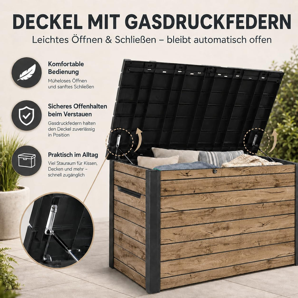 Gartenbox Ontario 870 Liter 147 x 83 x 86 cm aus Kunststoff in Holzoptik mit Gasdruckfedern abschließbar