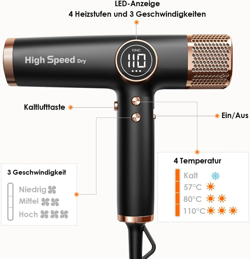 Haartrockner 1700W mit 110000 RPM bürstenlosem Motor LED-Display 200 Mio. Ionen 3 Magnetdüsen Schwarz Gold
