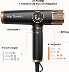 Haartrockner 1700W mit 110000 RPM bürstenlosem Motor LED-Display 200 Mio. Ionen 3 Magnetdüsen Schwarz Gold