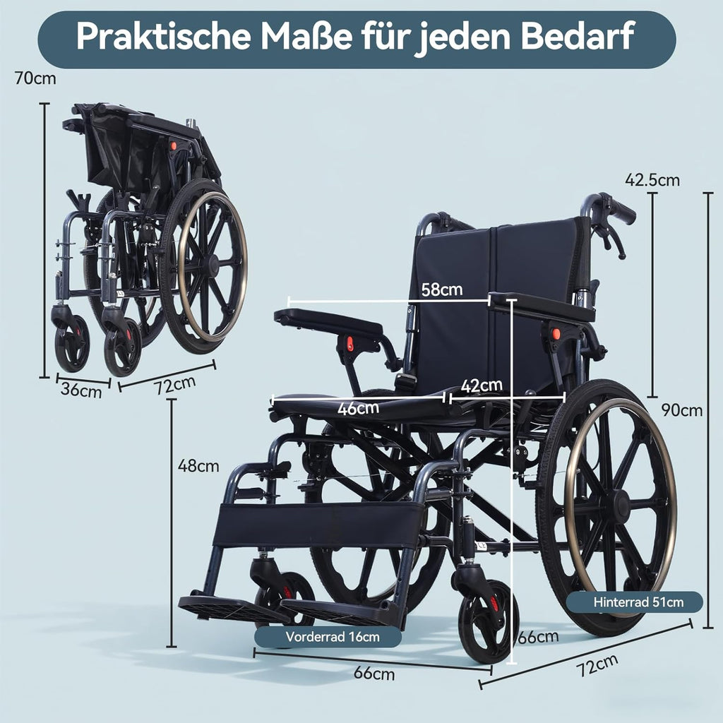Rollstuhl Faltbar Leicht M4 11kg Aluminium Doppelpolster Stoßdämpfende Räder Abnehmbare Armlehnen Vollgummi Reifen