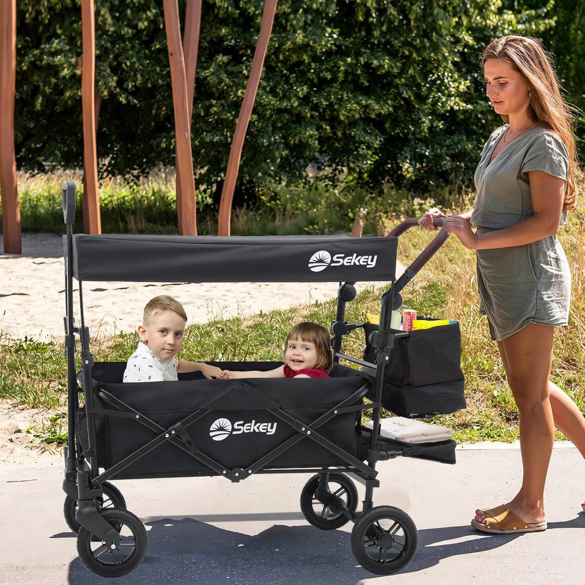 Faltbarer Bollerwagen mit Dach SS5050 110L PU Räder mit Bremsen 100kg Traglast Schiebegriff Kinder Transportwagen