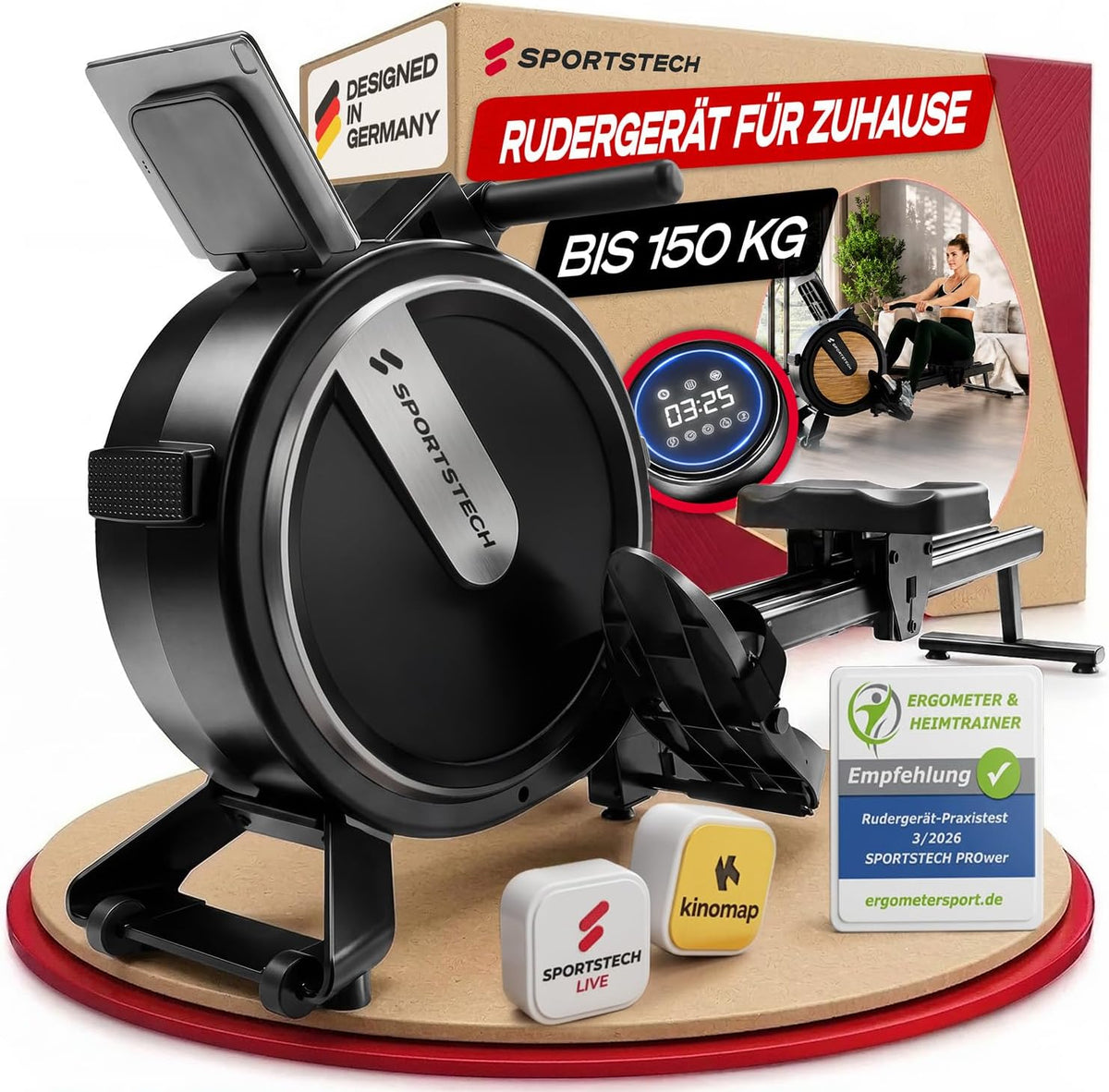 Rudergerät Magnetwiderstand PROwer BL 32 Stufen LED Display Bluetooth klappbar Dual Rail für Zuhause