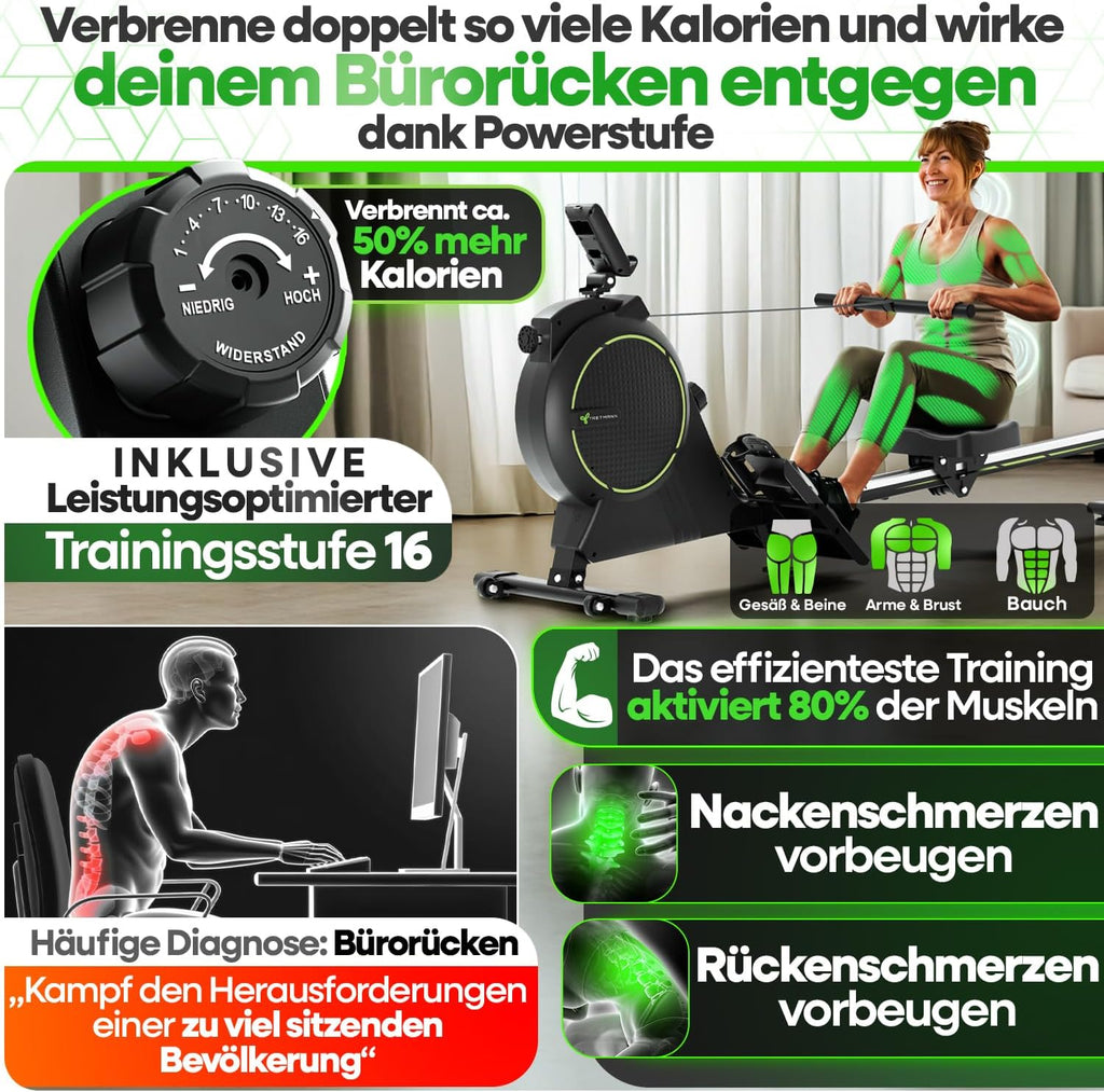 Rudergerät für Zuhause RW7003 Magnetischer Widerstand 16 Stufen bis 150 kg Klappbar Kohlenstoffstahl