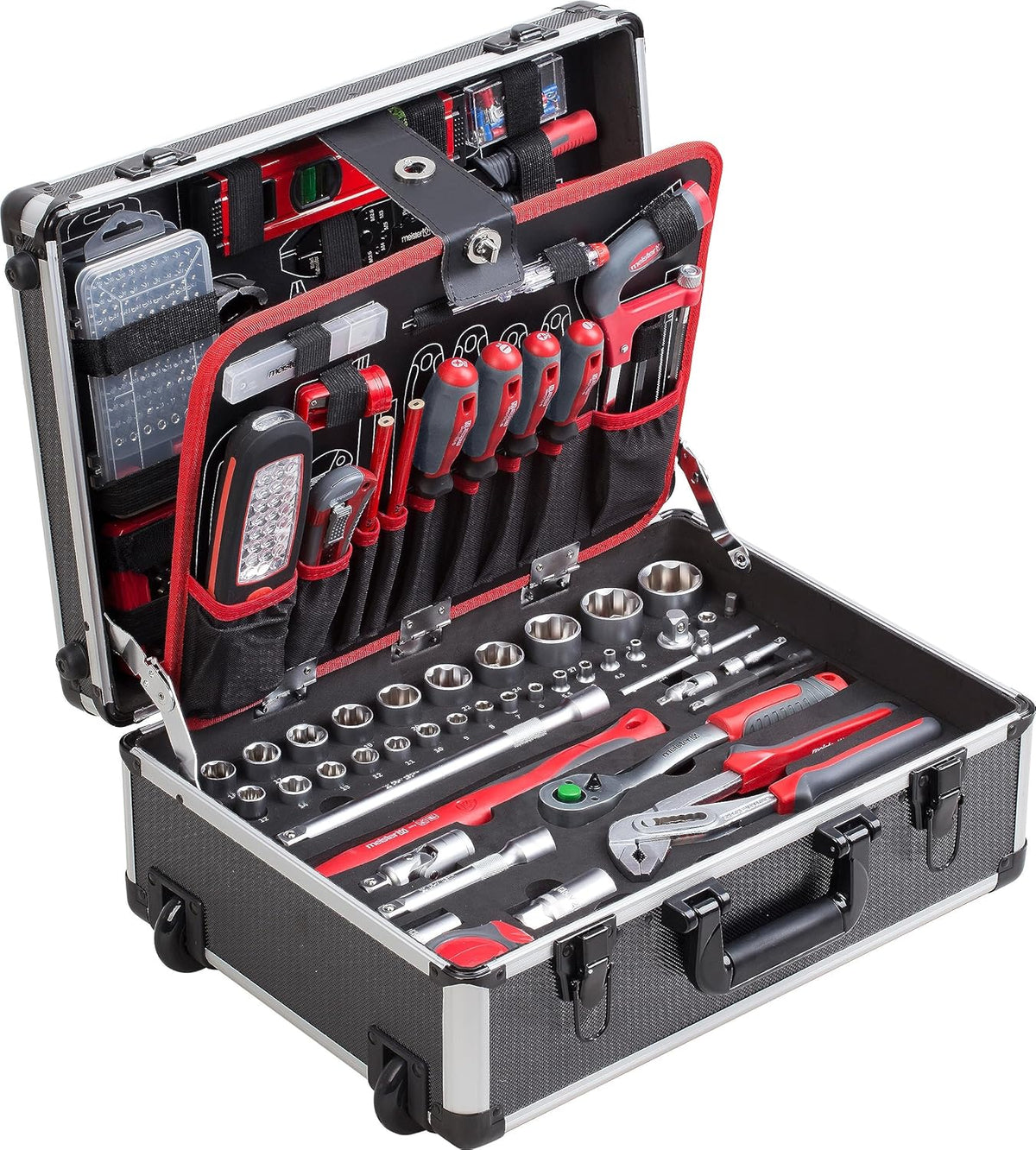 Werkzeugtrolley 230-teilig mit Handwerkzeugen Aluminiumkoffer Rollen und Teleskopgriff 8973740