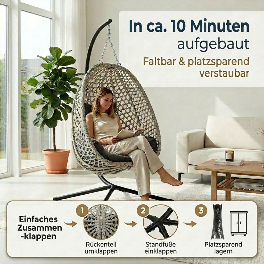Hängesessel mit Gestell 102 x 95 cm bis 150 kg mit Wendebezug und Abdeckplane für Outdoor & Indoor