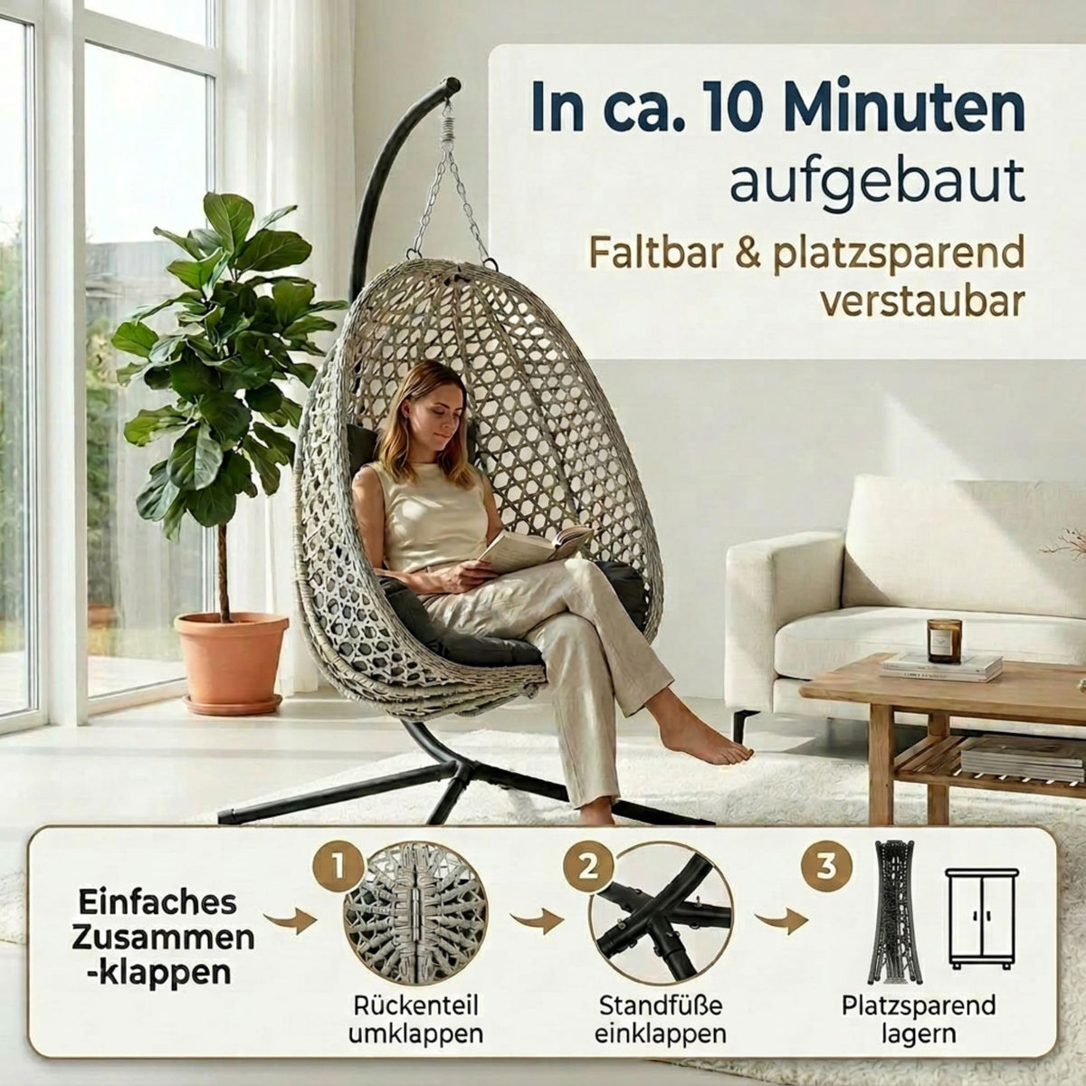 Hängesessel mit Gestell 102 x 95 cm bis 150 kg mit Wendebezug und Abdeckplane für Outdoor & Indoor