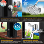 Solardusche 60 L für Garten und Pool mit 60 °C Wassertemperatur 62 Düsen 360° Regenduschkopf Wasserhahn Ablage und Schutzhaube