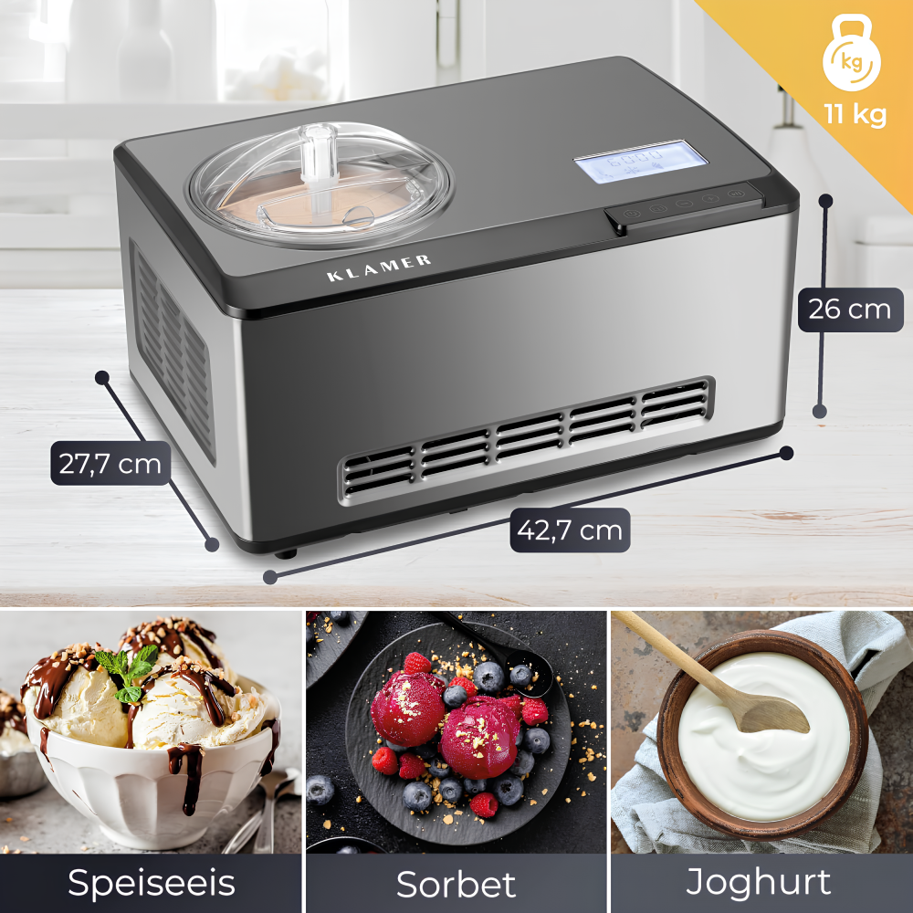 Eismaschine 2 in 1 mit Kompressor 2 L 180 W Edelstahl Kühl- und Heizfunktion Joghurt Eiscreme Maschine
