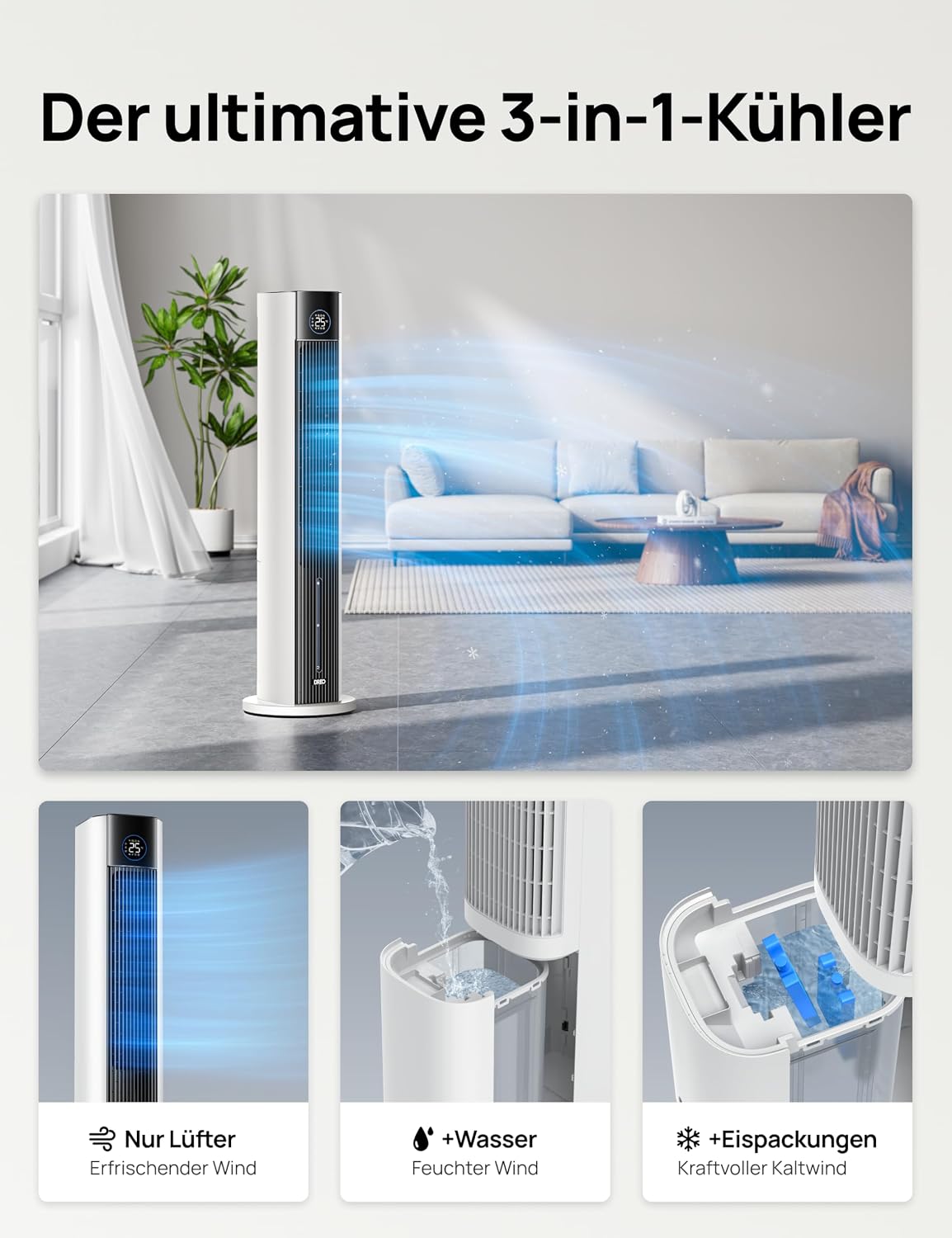 Turmventilator Verdunstungskühler 110 cm 4 Geschwindigkeiten 4 Modi App Steuerung 80° Oszillation 12h Timer DR-HEC002S