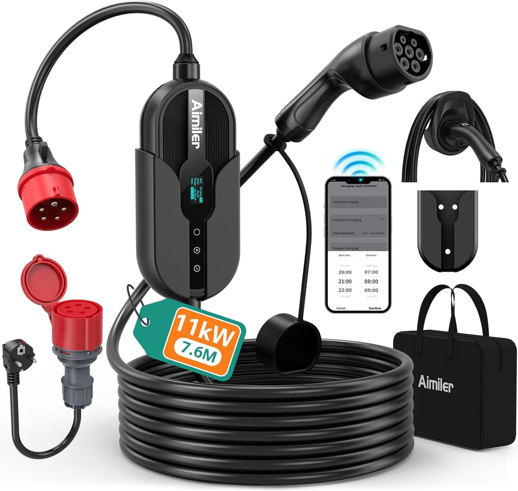 Mobile Wallbox EV Ladegerät 11kW 400V Typ 2 7,6m Kabel 8-16A CEE 3-phasig IP66 App Steuerung Modell