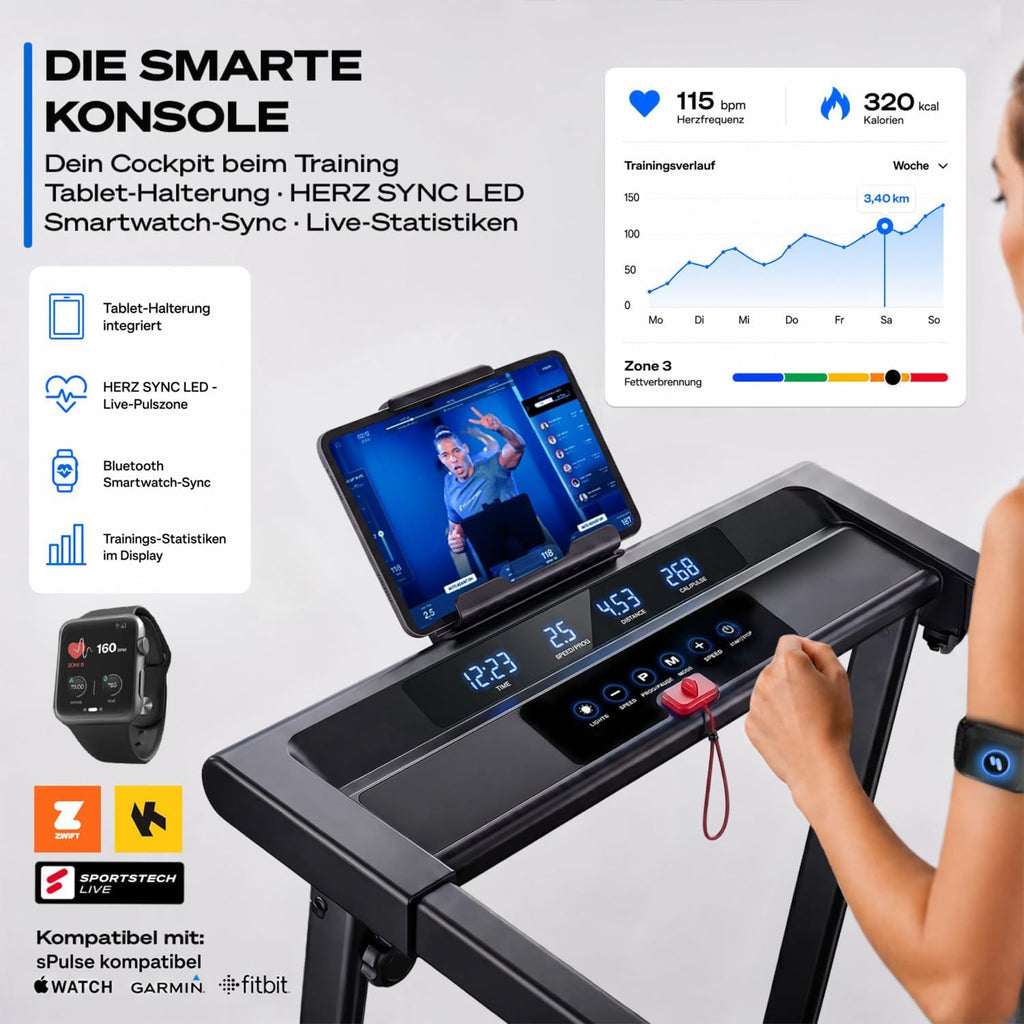 Elektrisches Laufband sProRun klappbar mit 9% Steigung 12 km/h für bis 120 kg Bluetooth LED Display und Tablethalter