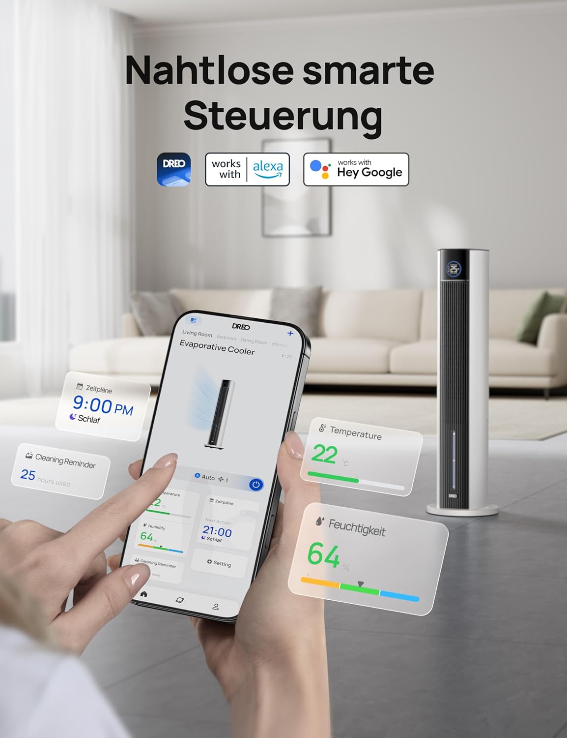 Turmventilator Verdunstungskühler 110 cm 4 Geschwindigkeiten 4 Modi App Steuerung 80° Oszillation 12h Timer DR-HEC002S