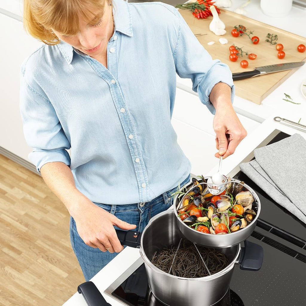 Schnellkochtopf Vitavit 6 L Ø 22 cm aus Edelstahl für Induktion mit 4 Garstufen Dampfgarfunktion und Einsatz