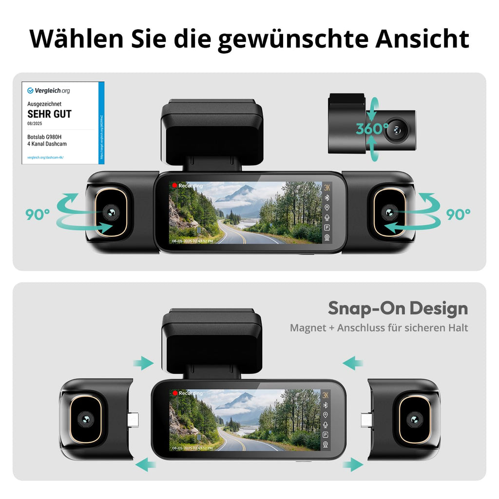 4 Kanal Dashcam G980H 3K vorne und 1080P hinten 560° 5,8GHz WLAN GPS 24h Parkmodus Nachtsicht 128GB SD-Karte Hardwire-Kit