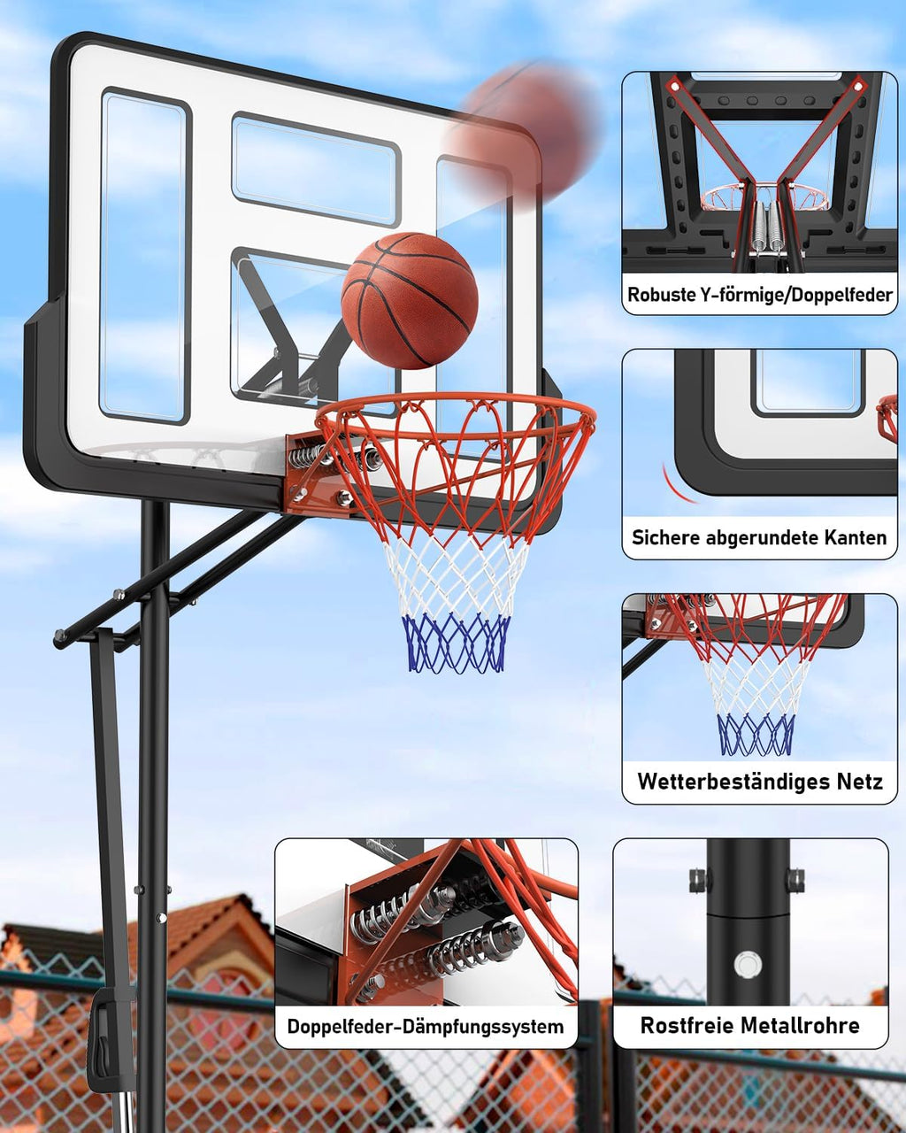 Basketballständer höhenverstellbar LM052 145–305 cm mit 110 x 75 cm Rückwand und Gewichtssack für Innen- und Außenbereich