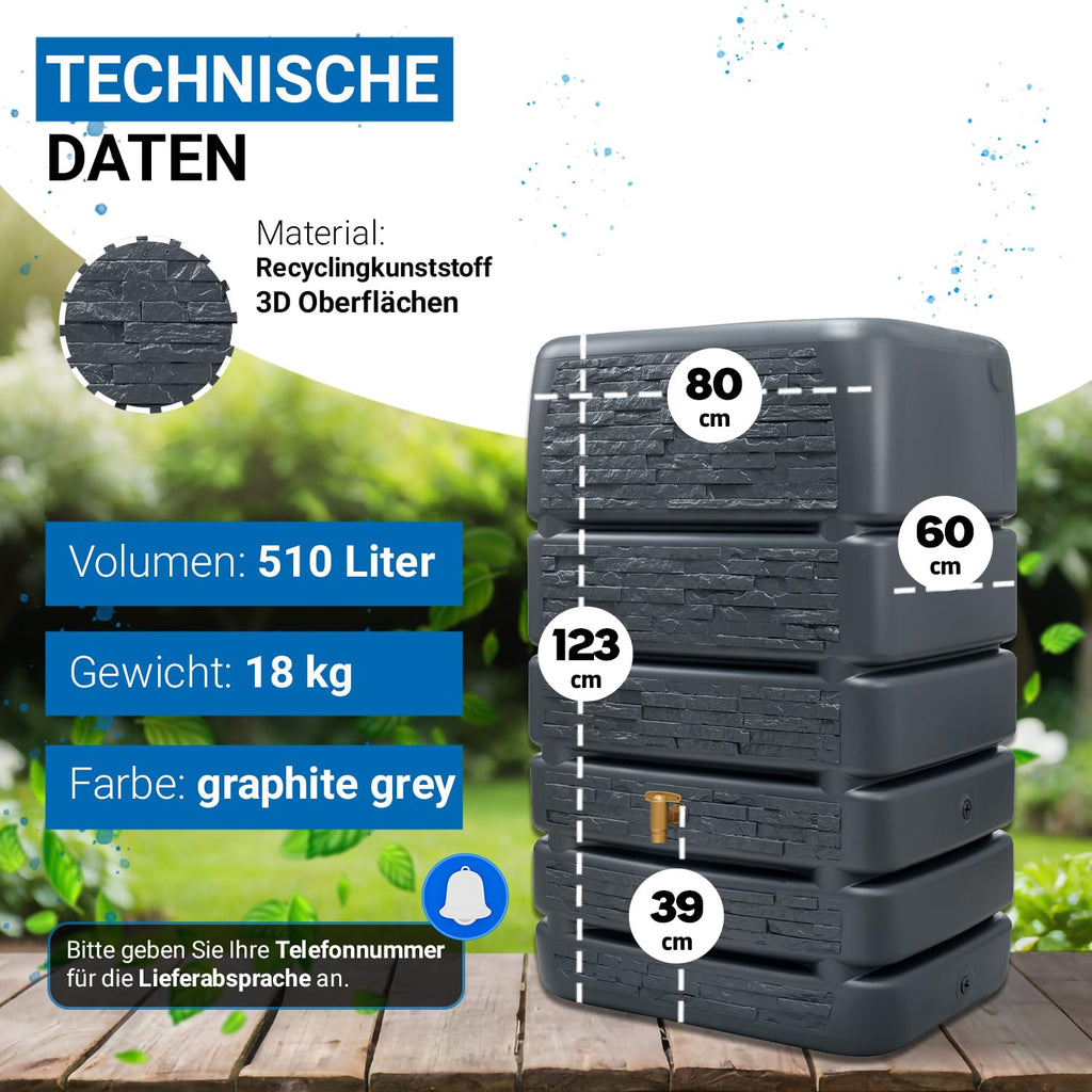 Regentonne Slim Stone Decor 510 Liter Mauertank 80 x 60 x 123 cm in Steinoptik mit Auslaufhahn