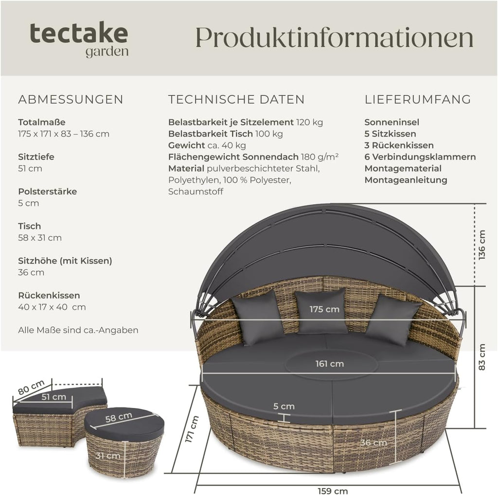 Polyrattan Sonneninsel Santorin II wetterfest 175 x 171 cm mit Sonnendach und Kissen