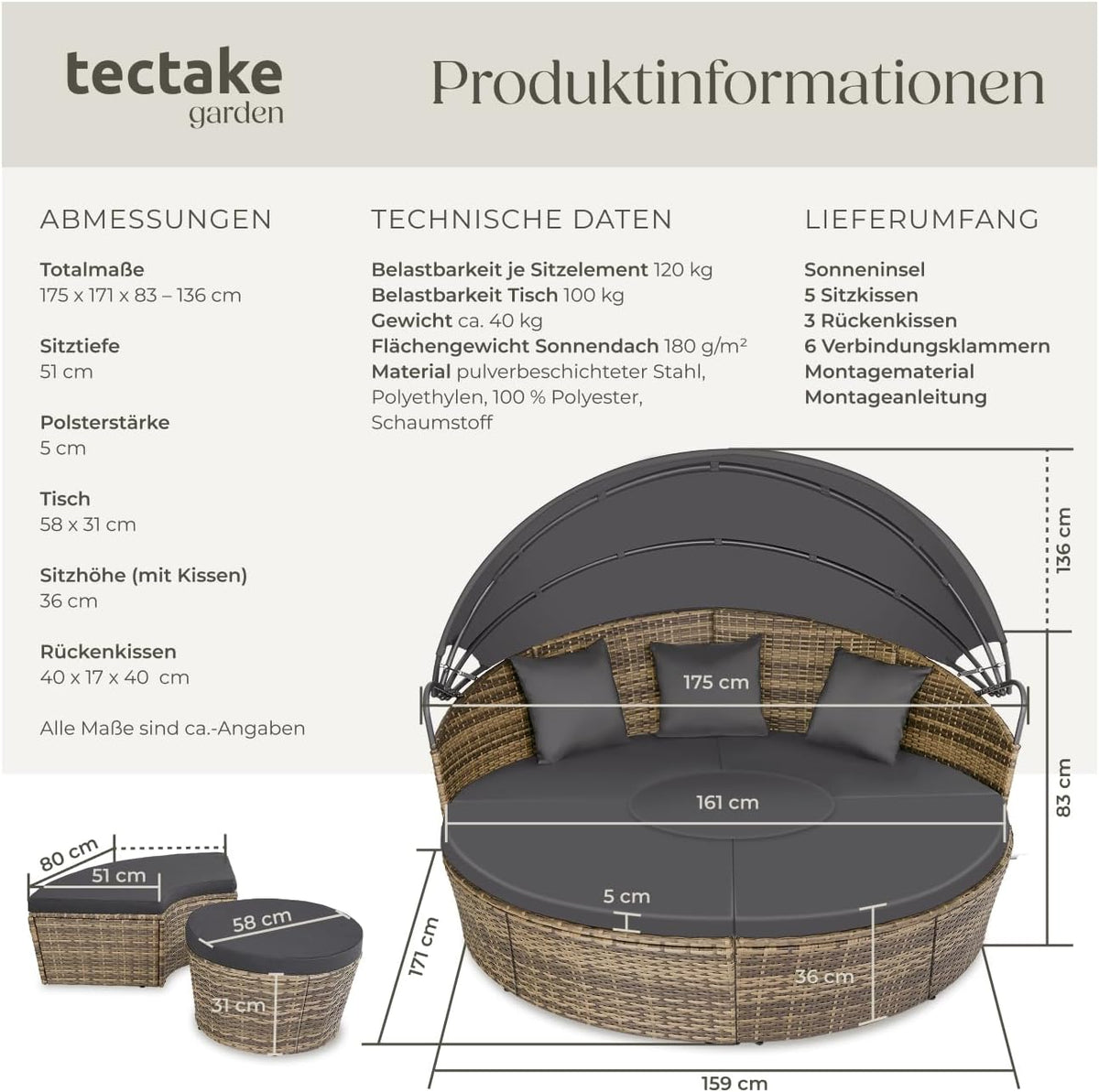 Polyrattan Sonneninsel Santorin II wetterfest 175 x 171 cm mit Sonnendach und Kissen