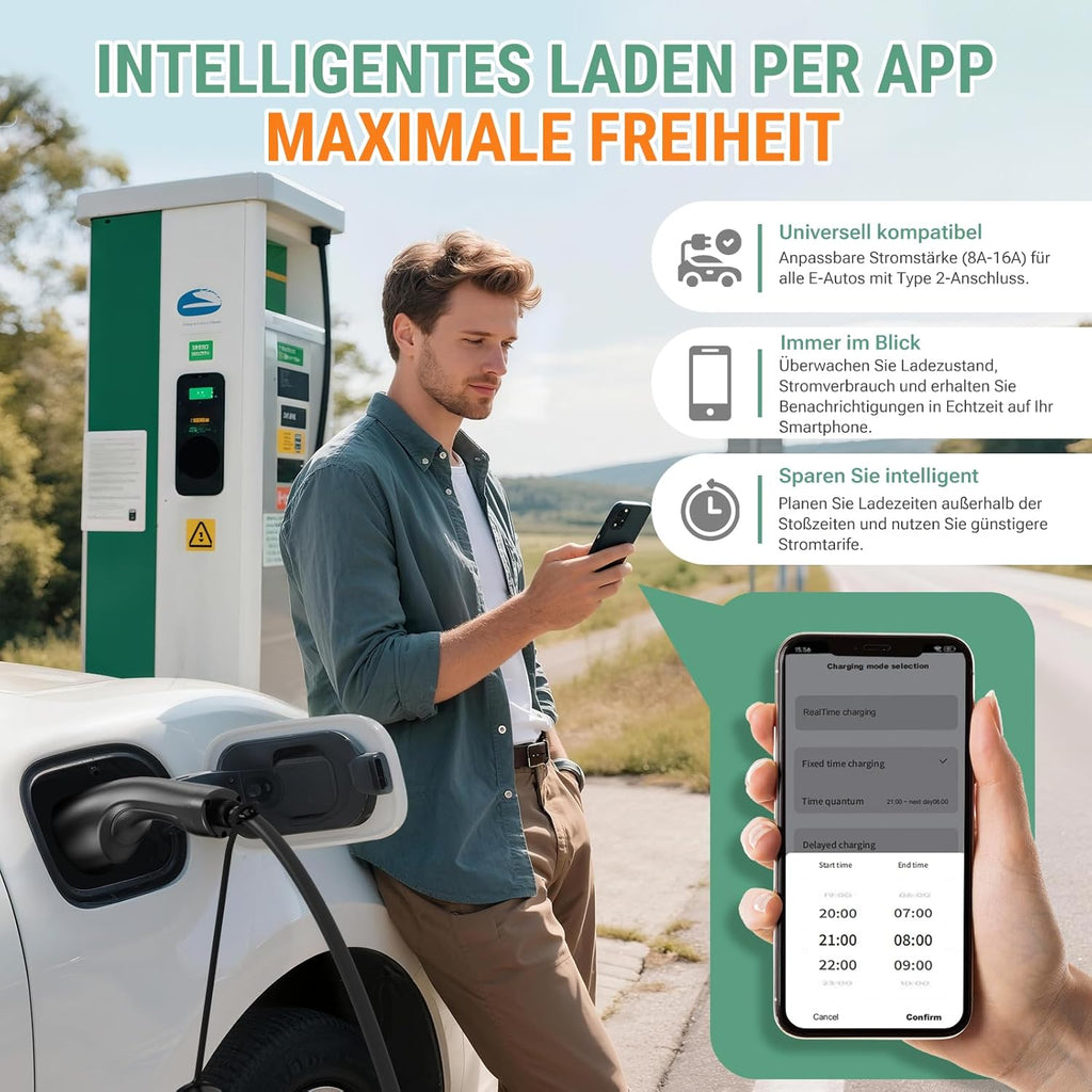 Mobile Wallbox EV Ladegerät 11kW 400V Typ 2 7,6m Kabel 8-16A CEE 3-phasig IP66 App Steuerung Modell
