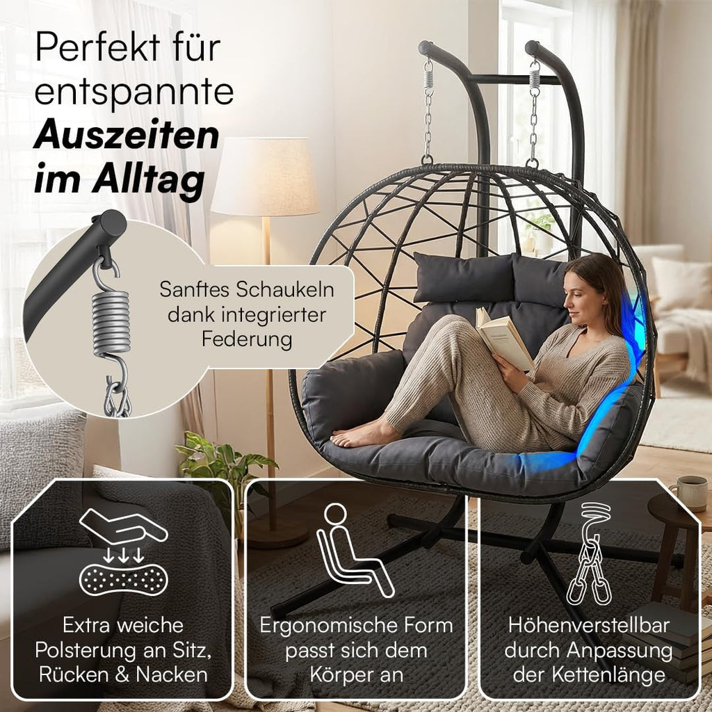Hängesessel für 2 Personen P-SS-0063-18-01 XXL Hängestuhl mit Gestell und Sitzpolster höhenverstellbar faltbar bis 220 kg