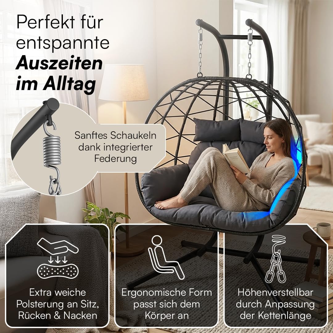 Hängesessel für 2 Personen P-SS-0063-18-01 XXL Hängestuhl mit Gestell und Sitzpolster höhenverstellbar faltbar bis 220 kg