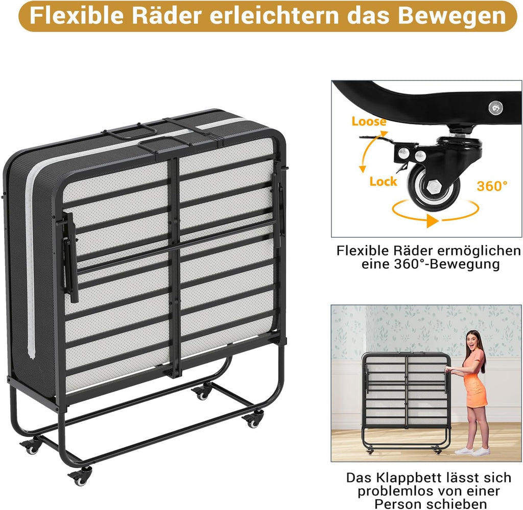 Klappbett Gästebett 90x200 cm mit 10 cm Schaumstoffmatratze Metallrahmen klappbar mit 4 Rollen bis 200 kg