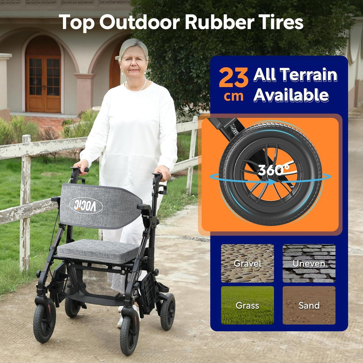 2-in-1 Rollator und Transportstuhl V-RL-Z51-E-BK faltbar aus Aluminium mit Sitz und Outdoor-Reifen bis 136 kg