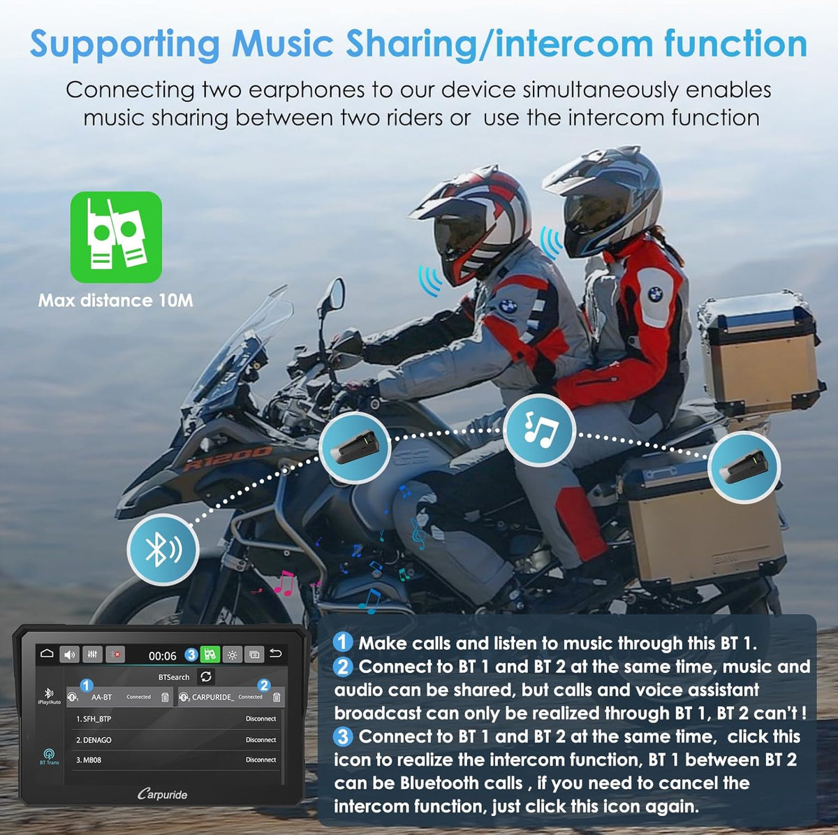 Motorrad Bildschirm W702 Pro 7 Zoll mit kabellosem CarPlay Android Auto Bluetooth Gegensprechfunktion und IP-Schutz