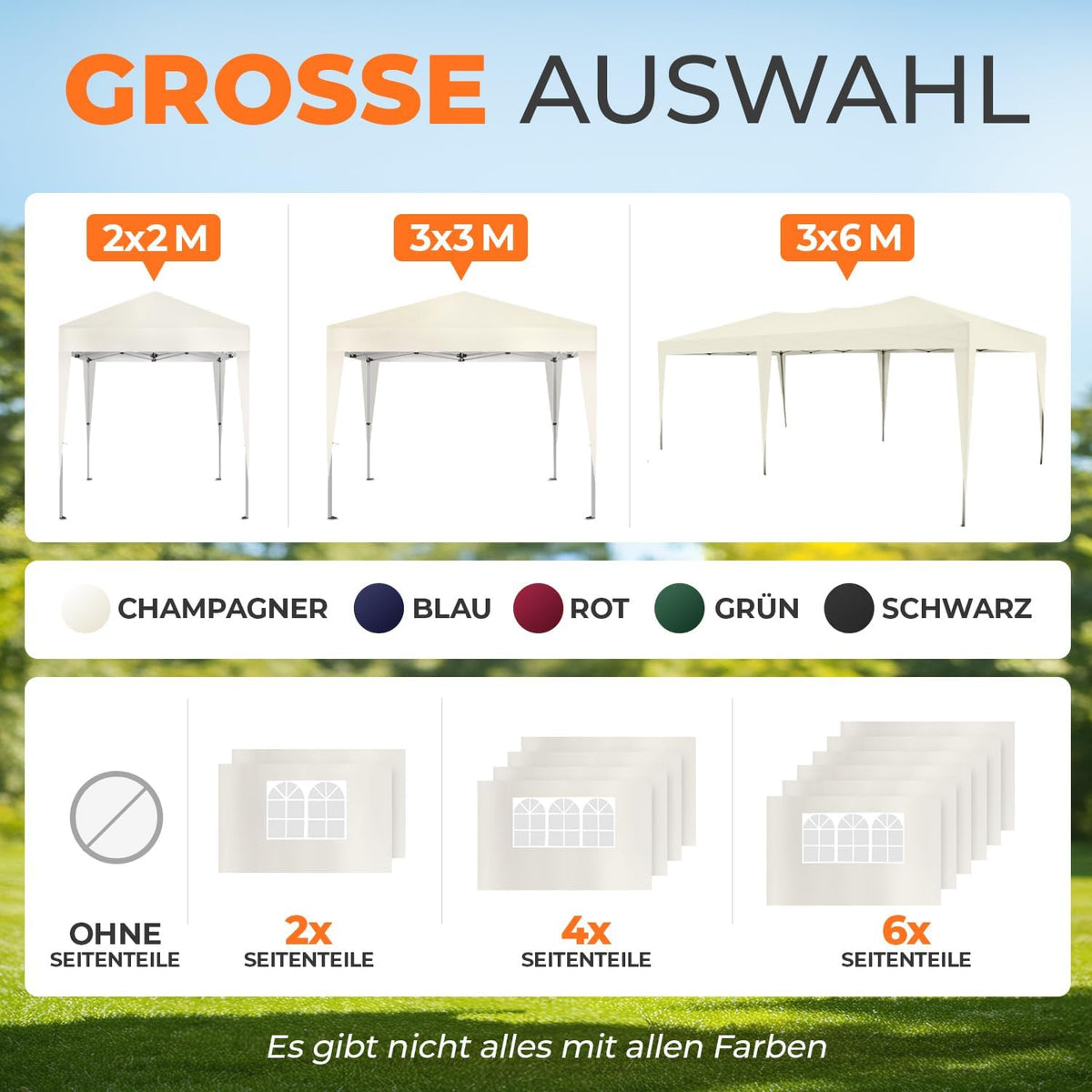 Faltpavillon 3x6 m wasserdicht UV Schutz 50+ mit 6 Seitenteilen Stahlgestell Polyester Dach Partyzelt Champagner