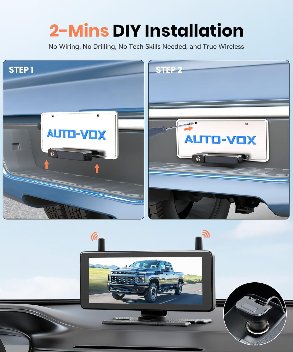 Kabelloses Rückfahrkamera System 7,2 Zoll 1080p HD solarbetrieben IP69K für Auto LKW Wohnmobil und Anhänger