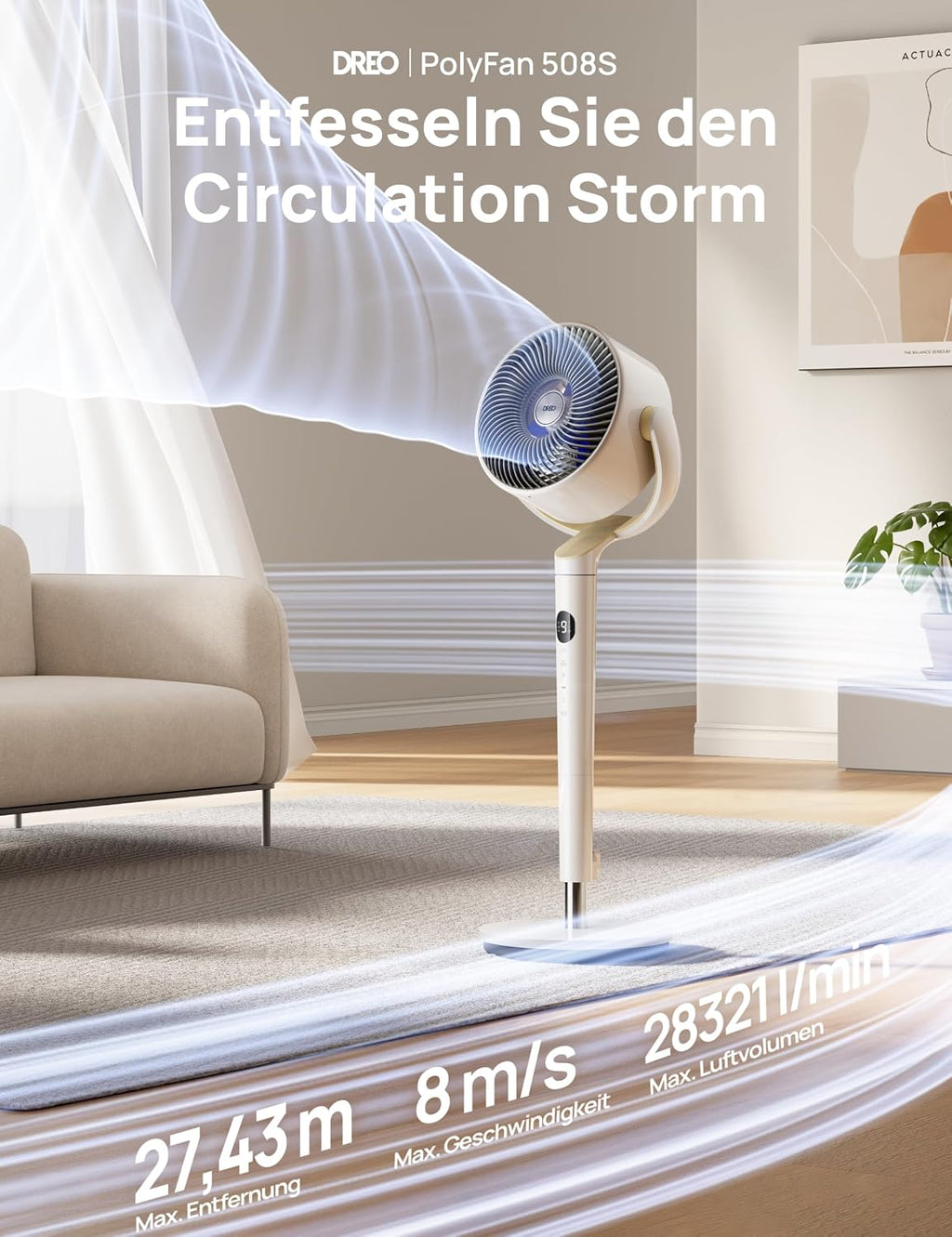 Standventilator mit Oszillation und App-Steuerung DR-HPF008S 120°+120° 9 Stufen 20 dB 89 cm Höhe Timer LED Licht Weiß