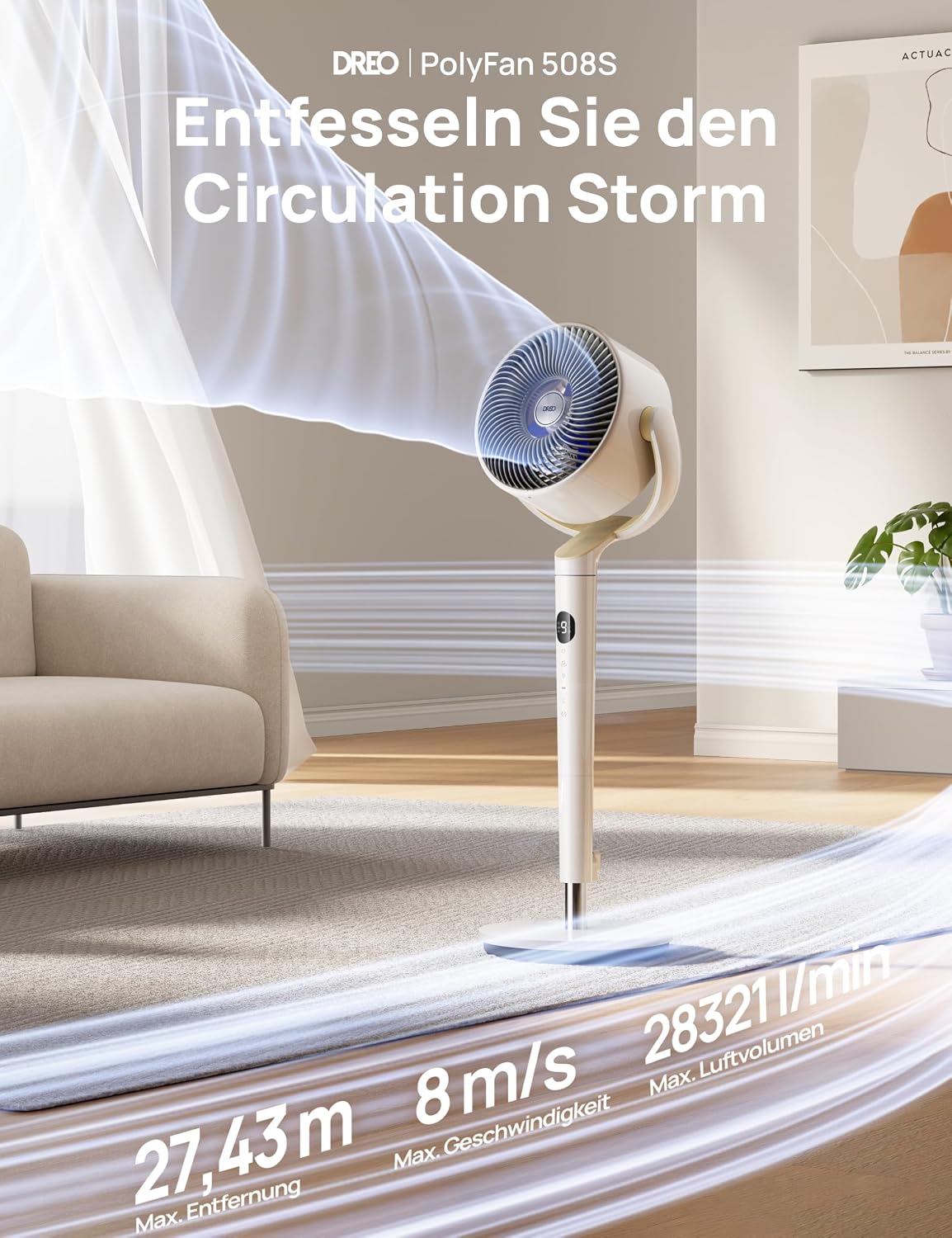 Standventilator mit Oszillation und App-Steuerung DR-HPF008S 120°+120° 9 Stufen 20 dB 89 cm Höhe Timer LED Licht Weiß