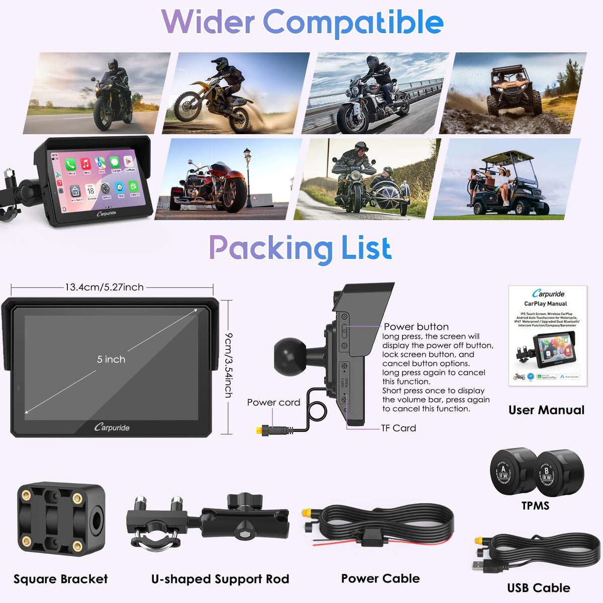 Motorrad CarPlay Display W502T Pro 5 Zoll Wireless Apple CarPlay Android Auto TPMS Dual Bluetooth GPS wasserdicht