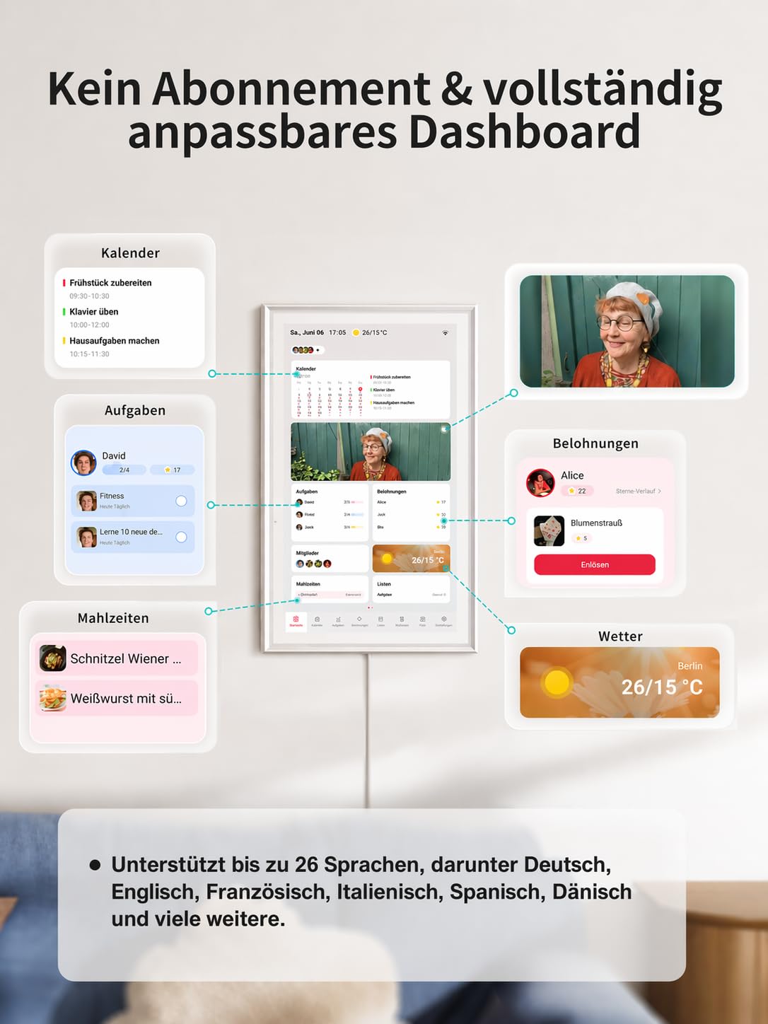 Digitaler Familienkalender DC01 10,1 Zoll Touchscreen 1080P mit Tages Wochen und Monatsplanung