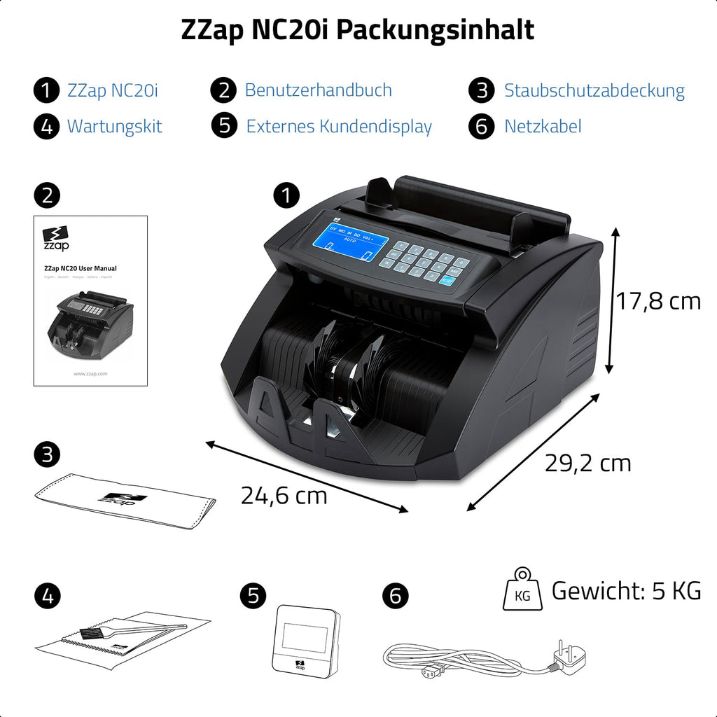 Banknotenzähler NC20i mit 5-facher Falschgelderkennung 1000 Banknoten pro Minute für sortierte Banknoten