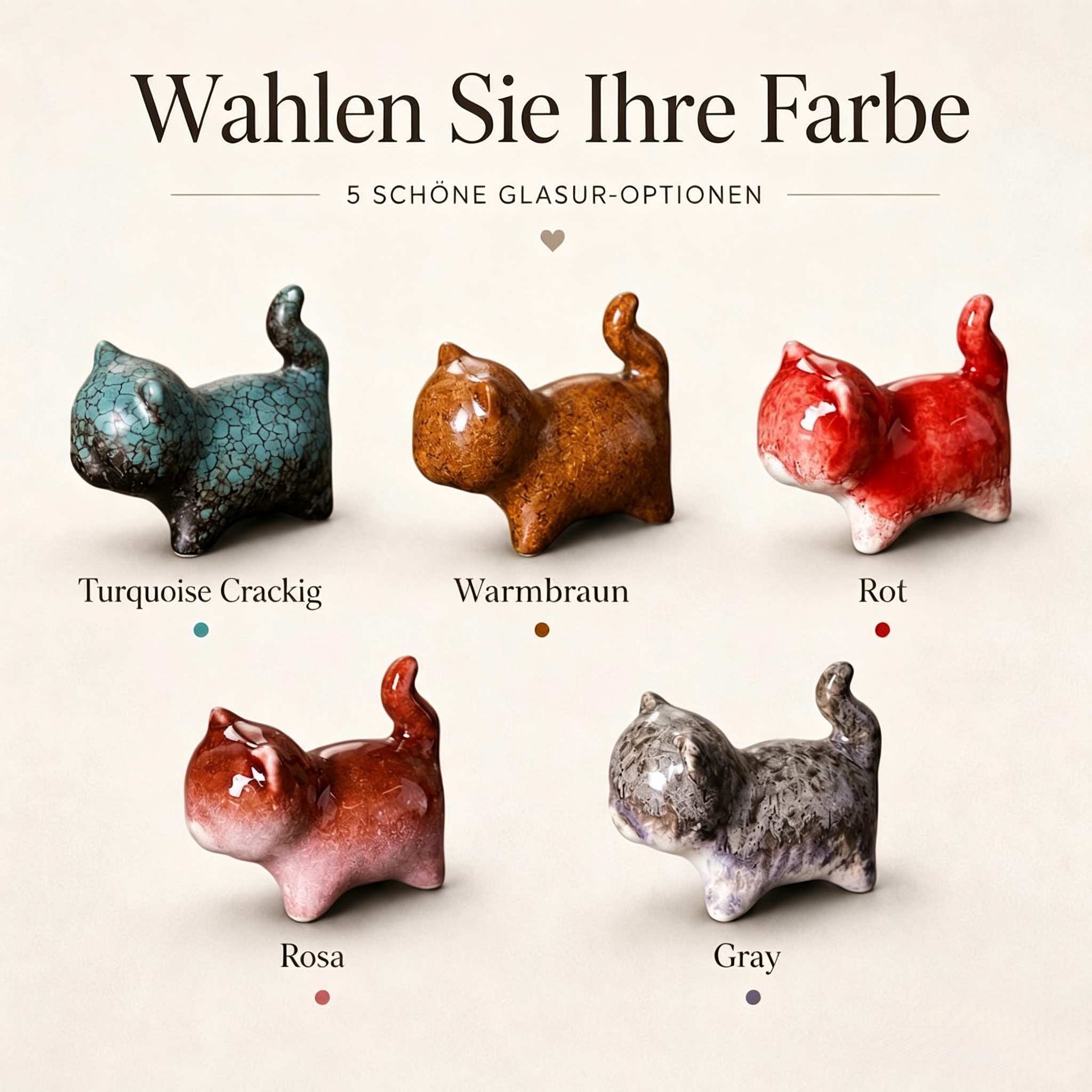 Keramik Katzenfigur Dekorset, Schreibtisch Regal Akzent Verzierung, handgemacht, 6,5 cm, für Katzenliebhaber
